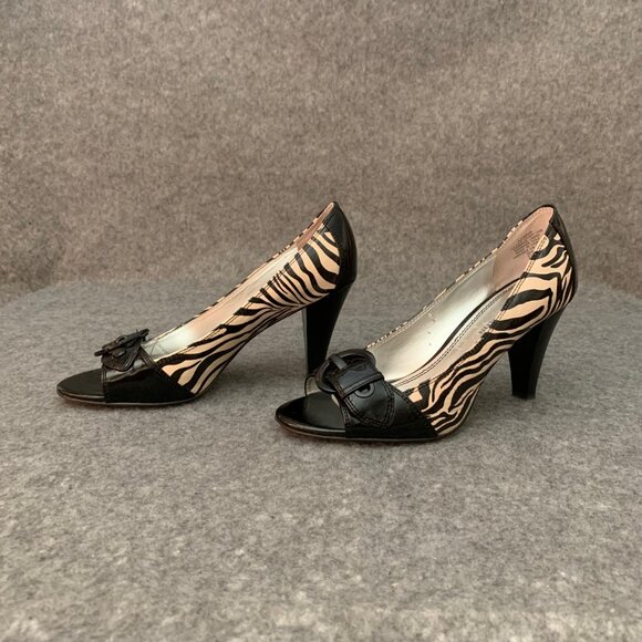 Anne Klein Women’s Leather Heel Black and Cream Zebra Pattern Peep Toe Shoes - Picture 4 of 12